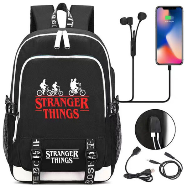 Ride The Bike Down World Of Stranger Backpack Dream Of Exploring Things Laptop Daypack With USB Charging Sport Bag For Men Women Boy Girl Boys Black - Image 2